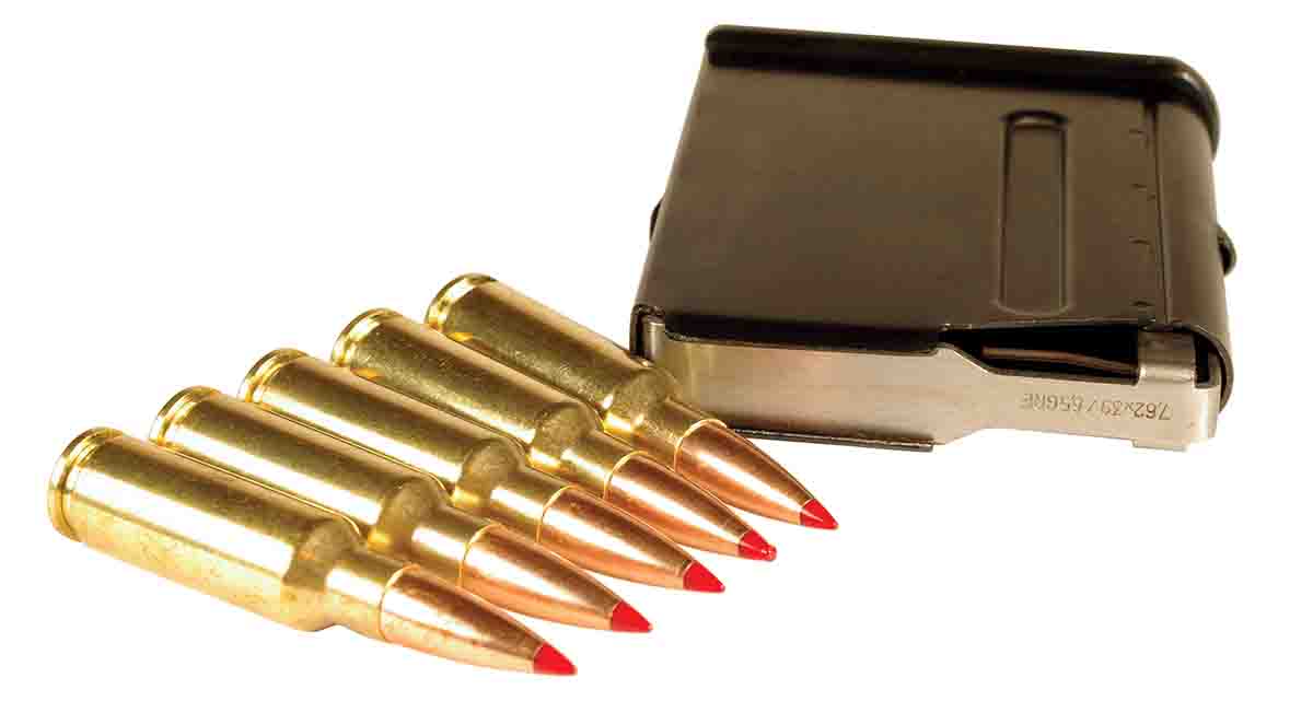 The rifle’s detachable magazine holds five 6.5 Grendel cartridges in a straight stack.